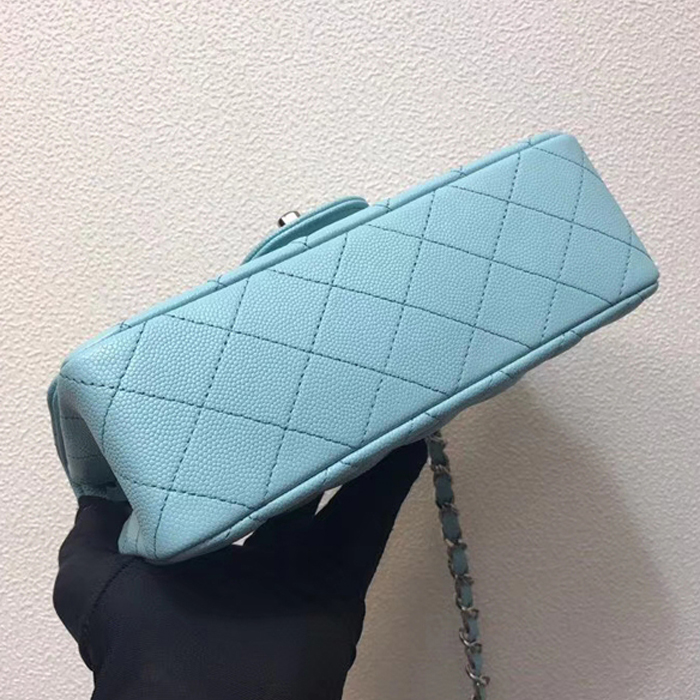 Chanel Classic Mini Flap Bag 20cm Light Blue Grained Calfskin Silver-Tone Metal