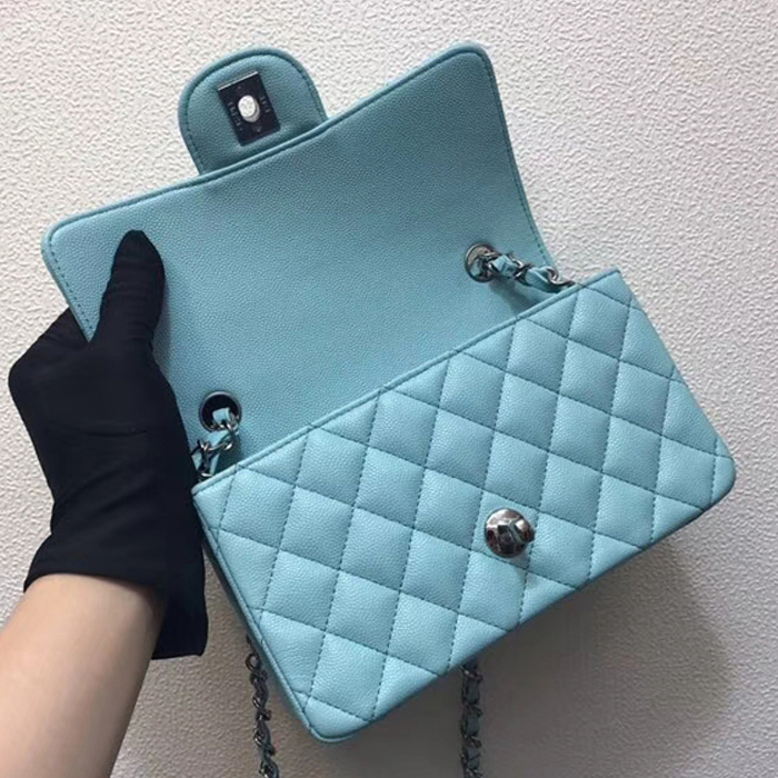 Chanel Classic Mini Flap Bag 20cm Light Blue Grained Calfskin Silver-Tone Metal