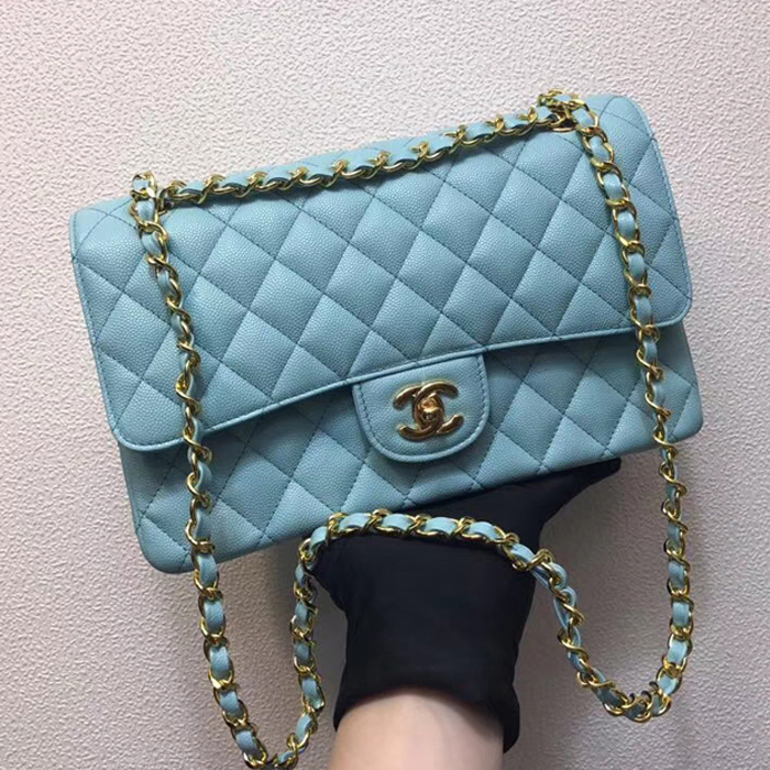 Chanel Classic Small Flap Bag 25cm Light Blue Grained Calfskin Gold-Tone Metal