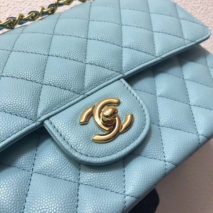 Chanel Classic Small Flap Bag 25cm Light Blue Grained Calfskin Gold-Tone Metal