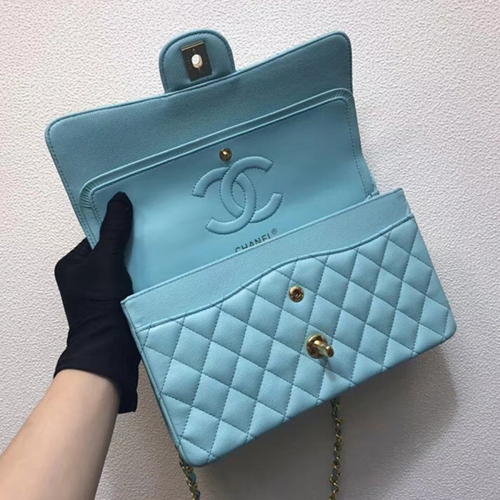 Chanel Classic Small Flap Bag 25cm Light Blue Grained Calfskin Gold-Tone Metal