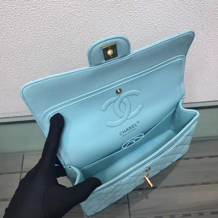 Chanel Classic Small Flap Bag 25cm Light Blue Grained Calfskin Gold-Tone Metal