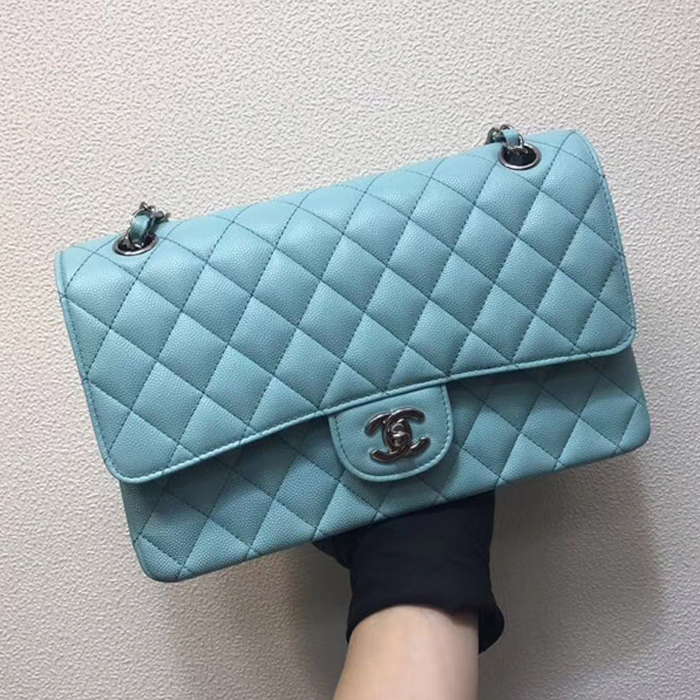 Chanel Classic Small Flap Bag 25cm Light Blue Grained Calfskin Silver-Tone Metal