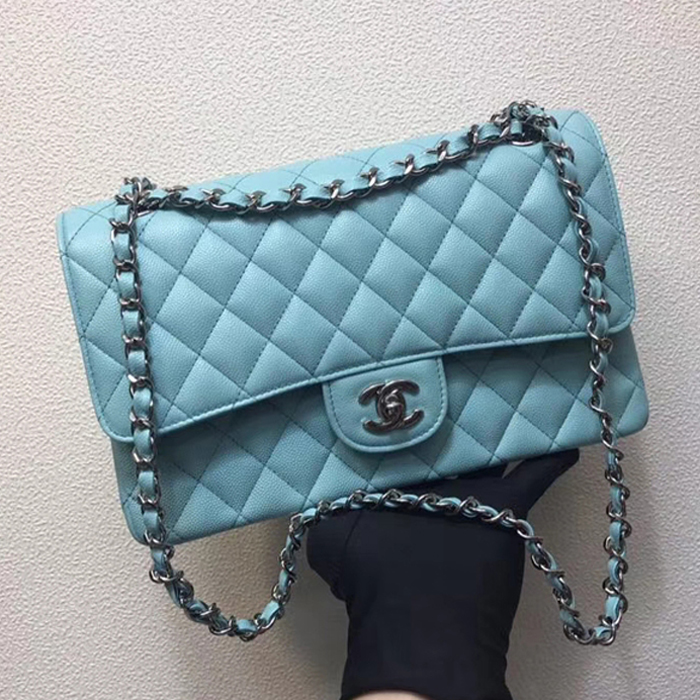 Chanel Classic Small Flap Bag 25cm Light Blue Grained Calfskin Silver-Tone Metal