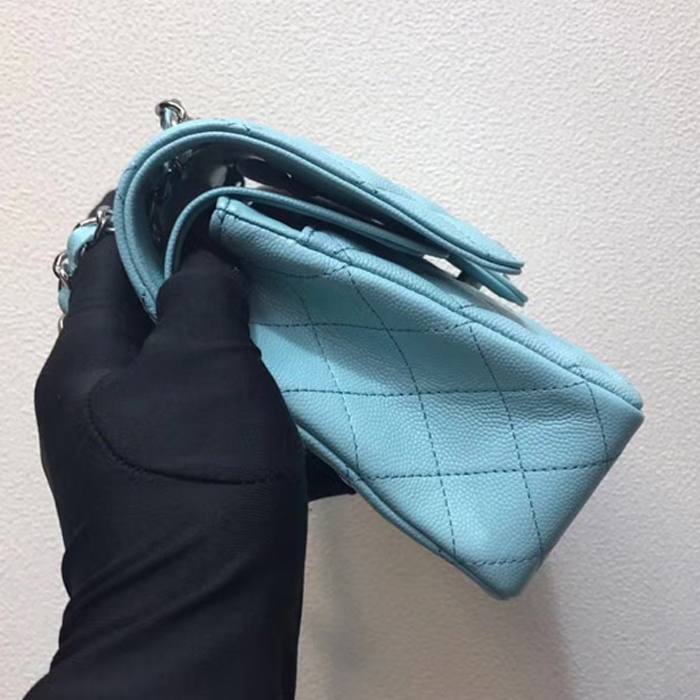 Chanel Classic Small Flap Bag 25cm Light Blue Grained Calfskin Silver-Tone Metal