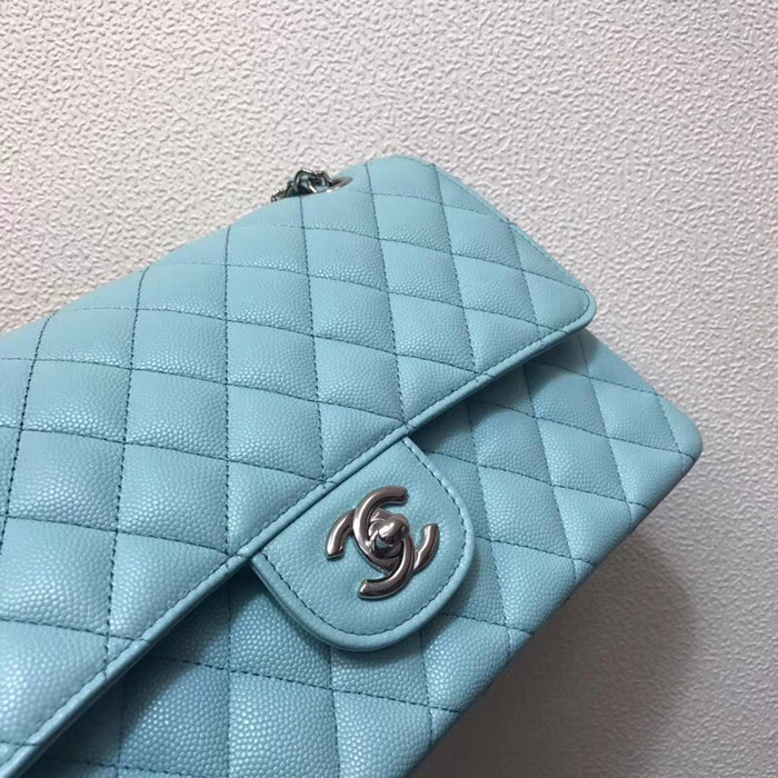 Chanel Classic Small Flap Bag 25cm Light Blue Grained Calfskin Silver-Tone Metal