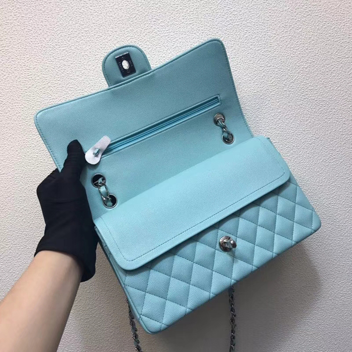 Chanel Classic Small Flap Bag 25cm Light Blue Grained Calfskin Silver-Tone Metal