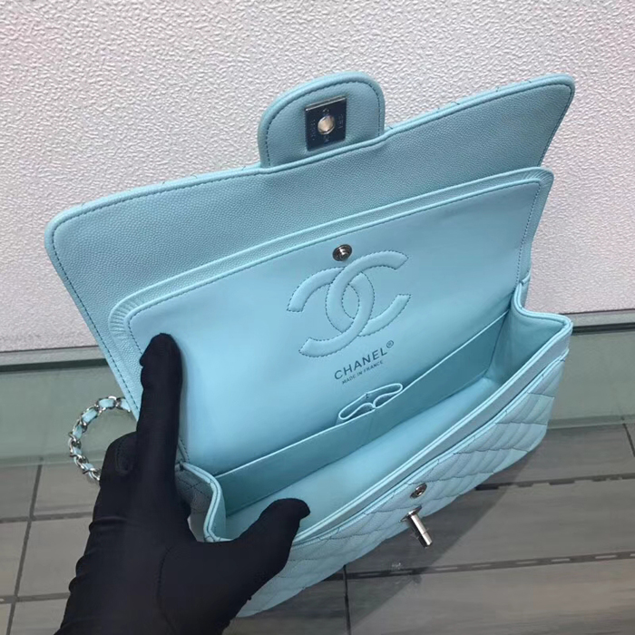 Chanel Classic Small Flap Bag 25cm Light Blue Grained Calfskin Silver-Tone Metal