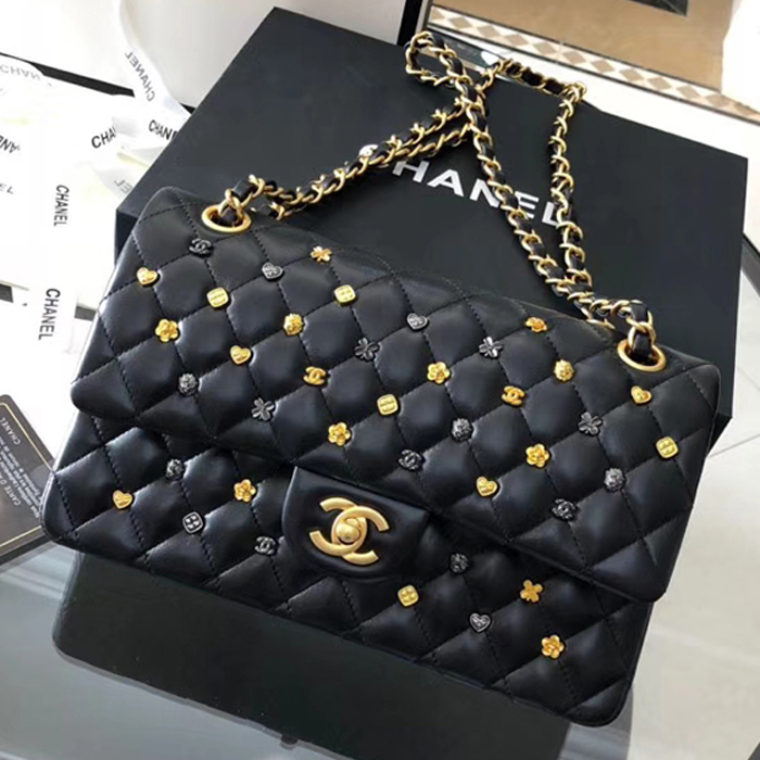 Chanel 18K Charms Medium Classic Flap Bag A01112 Black Gold 2018