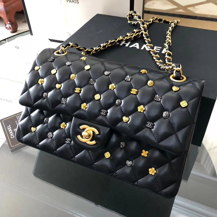 Chanel 18K Charms Medium Classic Flap Bag A01112 Black Gold 2018