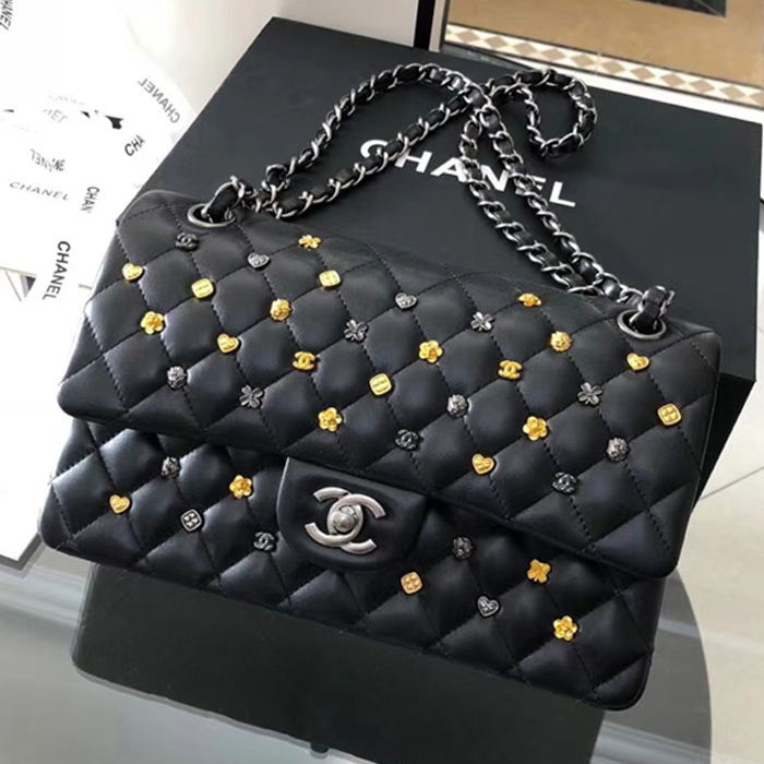 Chanel 18K Charms Medium Classic Flap Bag A01112 Black Silver 2018