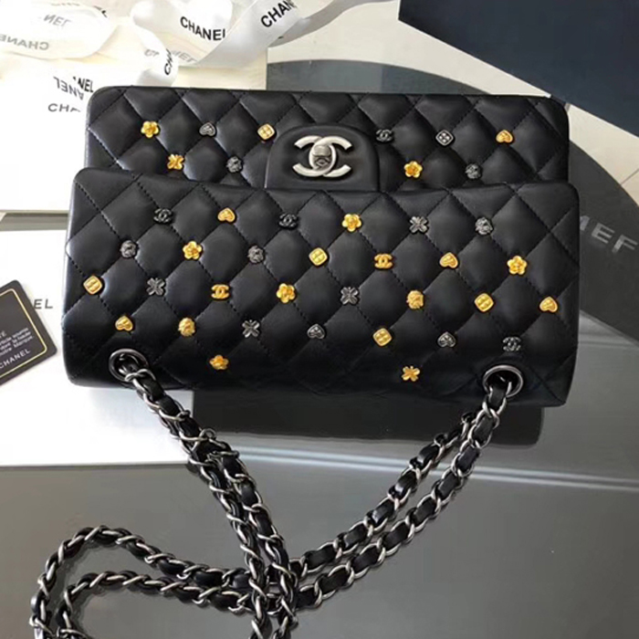 Chanel 18K Charms Medium Classic Flap Bag A01112 Black Silver 2018