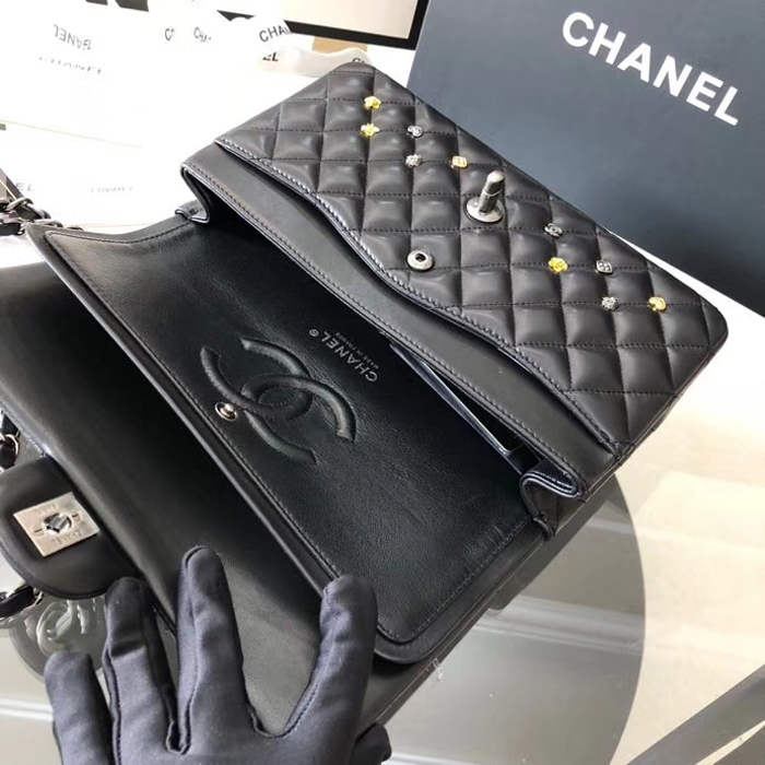 Chanel 18K Charms Medium Classic Flap Bag A01112 Black Silver 2018