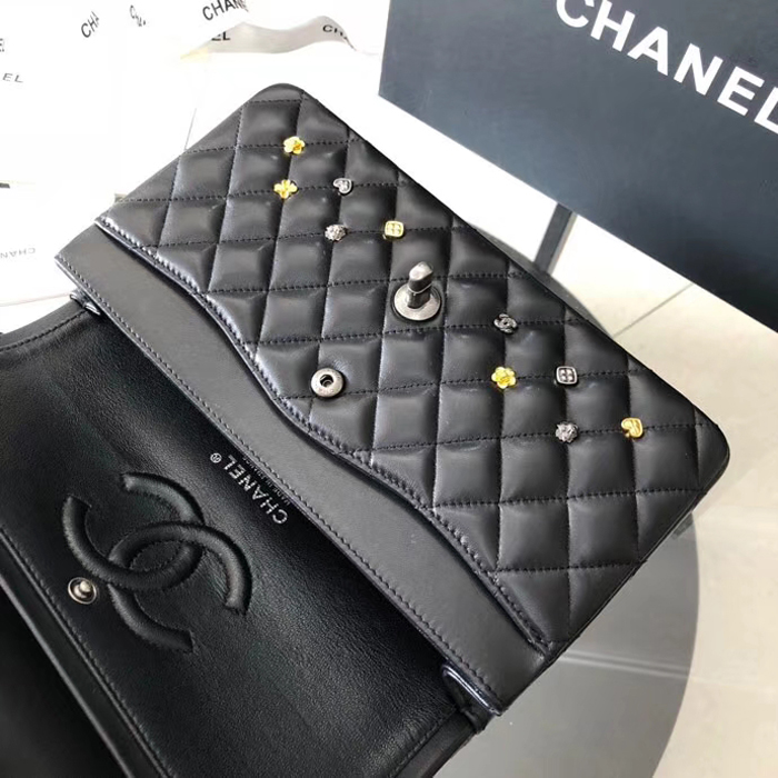 Chanel 18K Charms Medium Classic Flap Bag A01112 Black Silver 2018