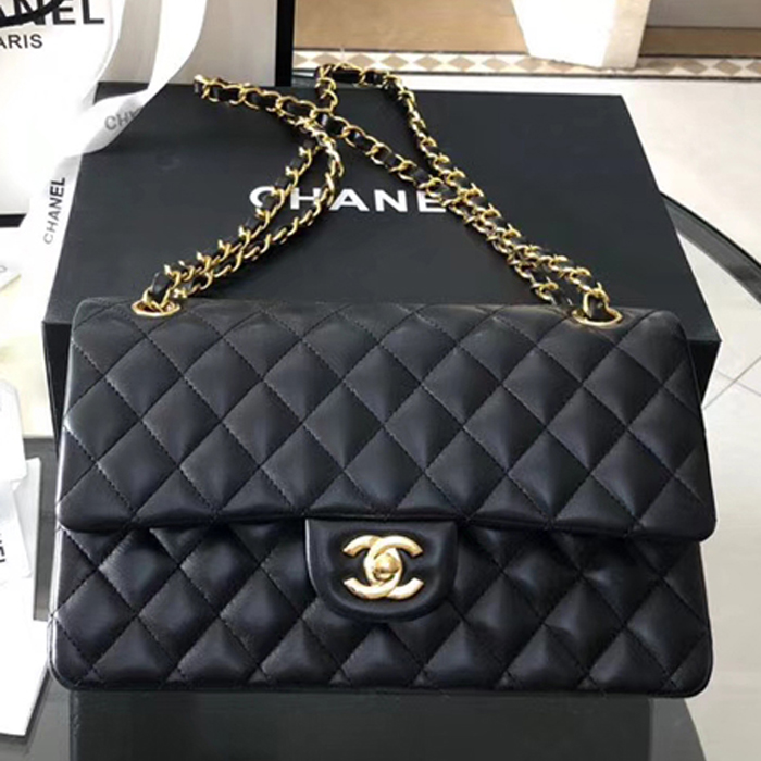 Chanel Lambskin Medium Classic Flap Bag A01112 Gold-Tone Metal Black