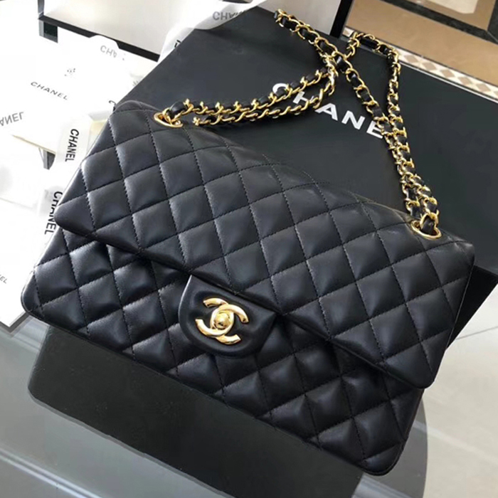 Chanel Lambskin Medium Classic Flap Bag A01112 Gold-Tone Metal Black