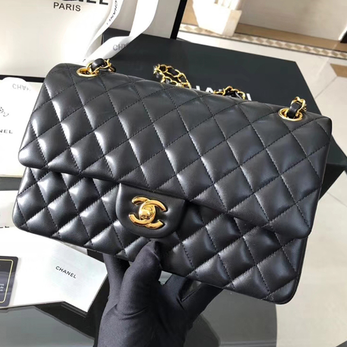 Chanel Lambskin Medium Classic Flap Bag A01112 Gold-Tone Metal Black