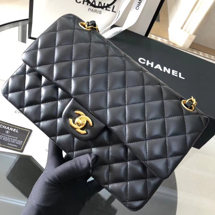 Chanel Lambskin Medium Classic Flap Bag A01112 Gold-Tone Metal Black
