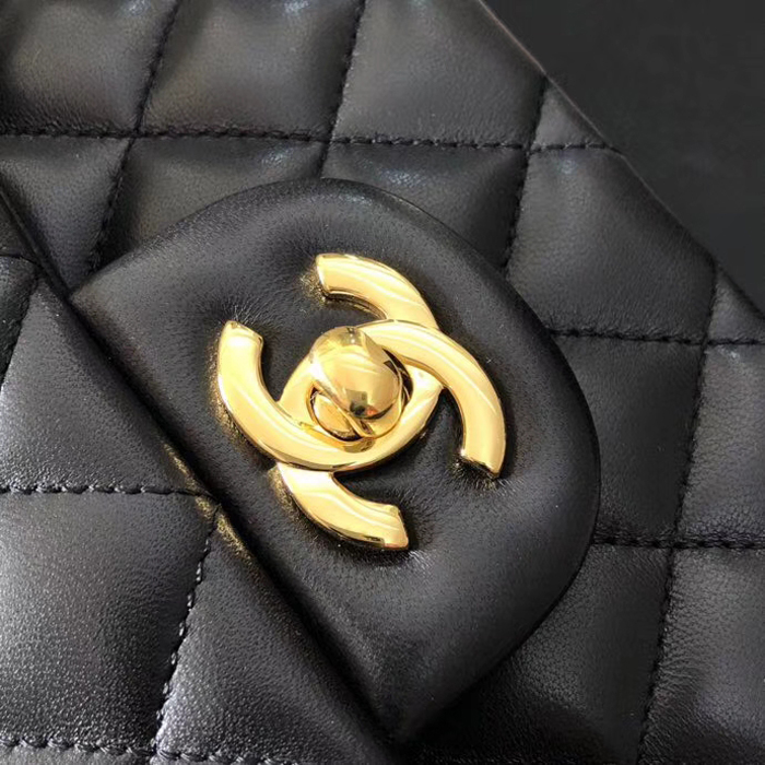 Chanel Lambskin Medium Classic Flap Bag A01112 Gold-Tone Metal Black