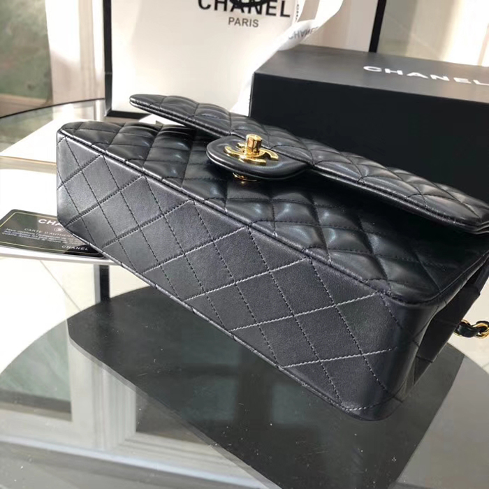 Chanel Lambskin Medium Classic Flap Bag A01112 Gold-Tone Metal Black