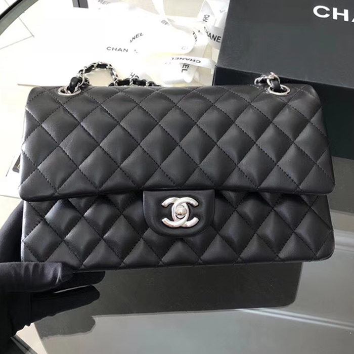 Chanel Lambskin Medium Classic Flap Bag A01112 Silver-Tone Metal Black