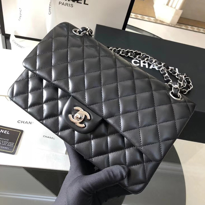 Chanel Lambskin Medium Classic Flap Bag A01112 Silver-Tone Metal Black