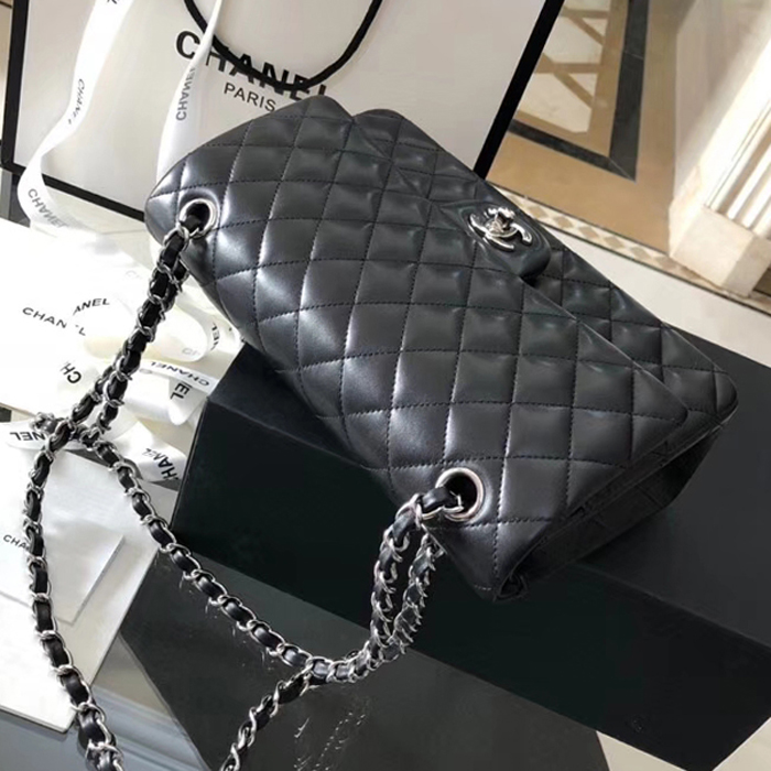 Chanel Lambskin Medium Classic Flap Bag A01112 Silver-Tone Metal Black