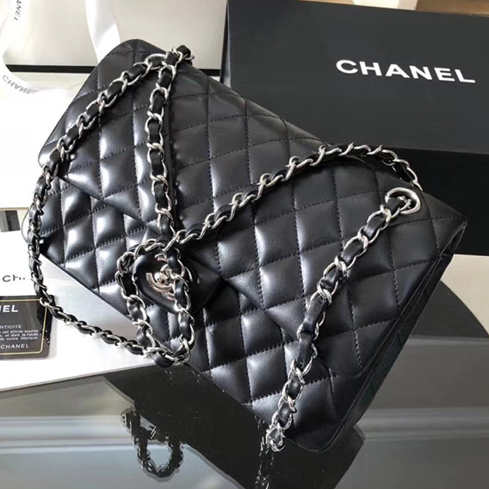 Chanel Lambskin Medium Classic Flap Bag A01112 Silver-Tone Metal Black