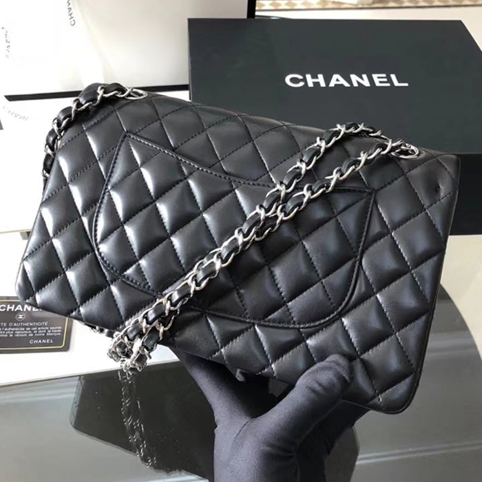 Chanel Lambskin Medium Classic Flap Bag A01112 Silver-Tone Metal Black