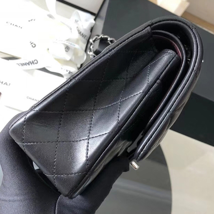 Chanel Lambskin Medium Classic Flap Bag A01112 Silver-Tone Metal Black