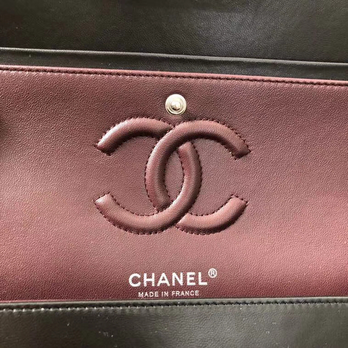Chanel Lambskin Medium Classic Flap Bag A01112 Silver-Tone Metal Black