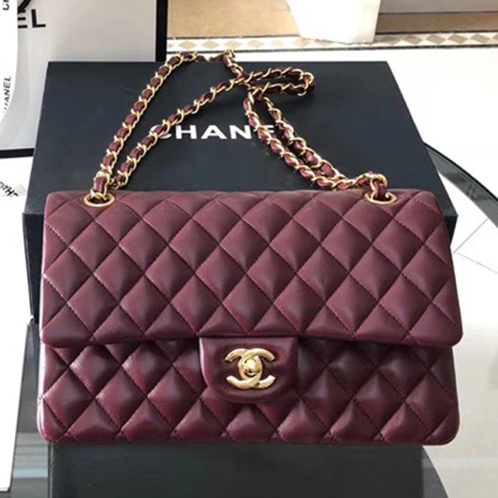 Chanel Lambskin Medium Classic Flap Bag A01112 Gold-Tone Metal Burgundy