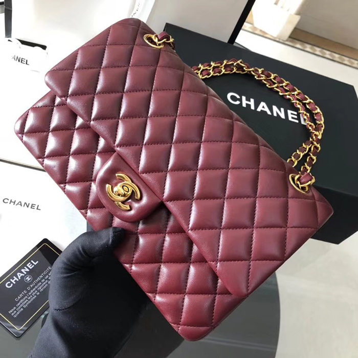 Chanel Lambskin Medium Classic Flap Bag A01112 Gold-Tone Metal Burgundy