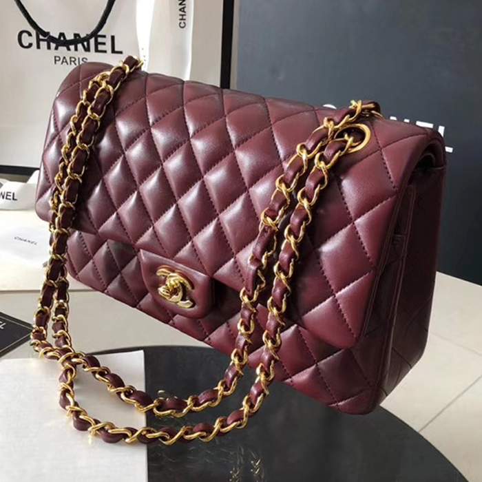 Chanel Lambskin Medium Classic Flap Bag A01112 Gold-Tone Metal Burgundy