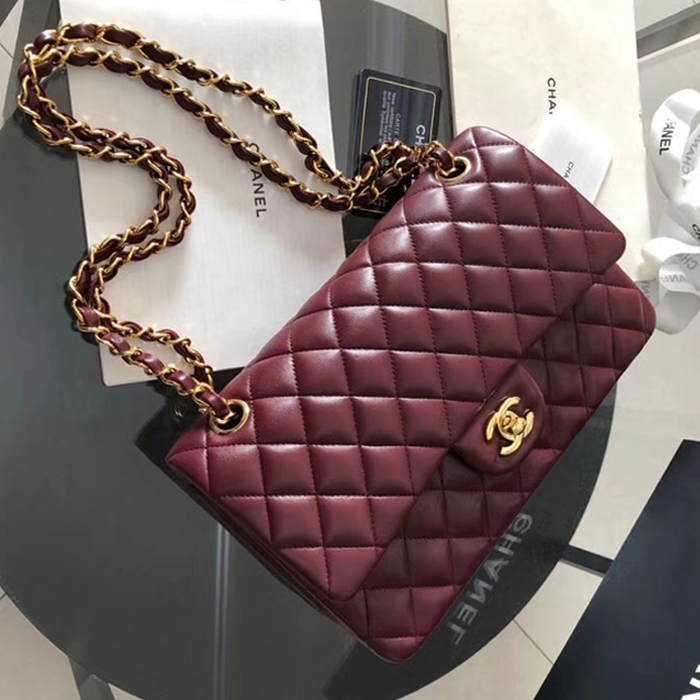 Chanel Lambskin Medium Classic Flap Bag A01112 Gold-Tone Metal Burgundy