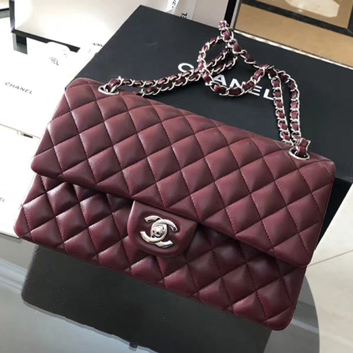 Chanel Lambskin Medium Classic Flap Bag A01112 Silver-Tone Metal Burgundy