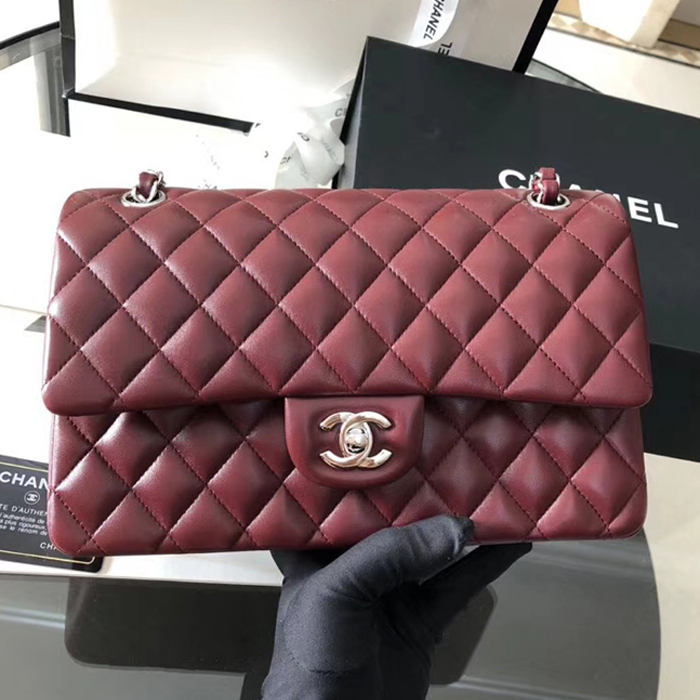 Chanel Lambskin Medium Classic Flap Bag A01112 Silver-Tone Metal Burgundy
