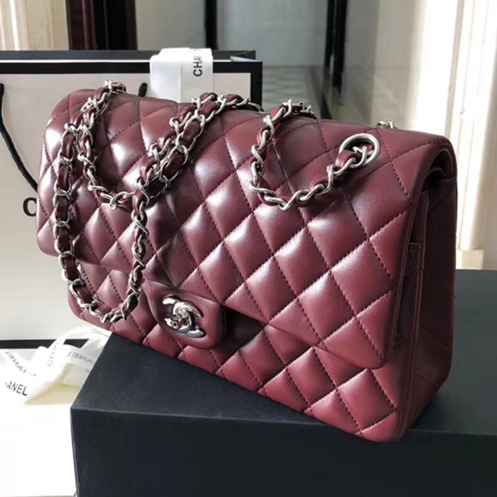 Chanel Lambskin Medium Classic Flap Bag A01112 Silver-Tone Metal Burgundy