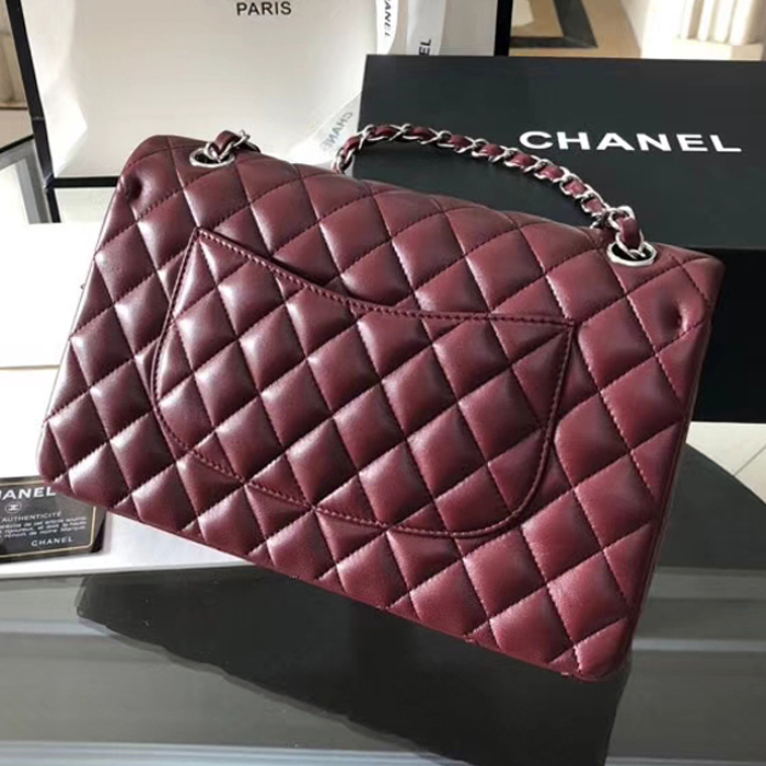 Chanel Lambskin Medium Classic Flap Bag A01112 Silver-Tone Metal Burgundy