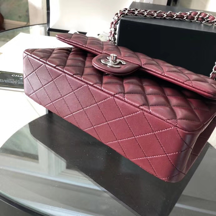 Chanel Lambskin Medium Classic Flap Bag A01112 Silver-Tone Metal Burgundy