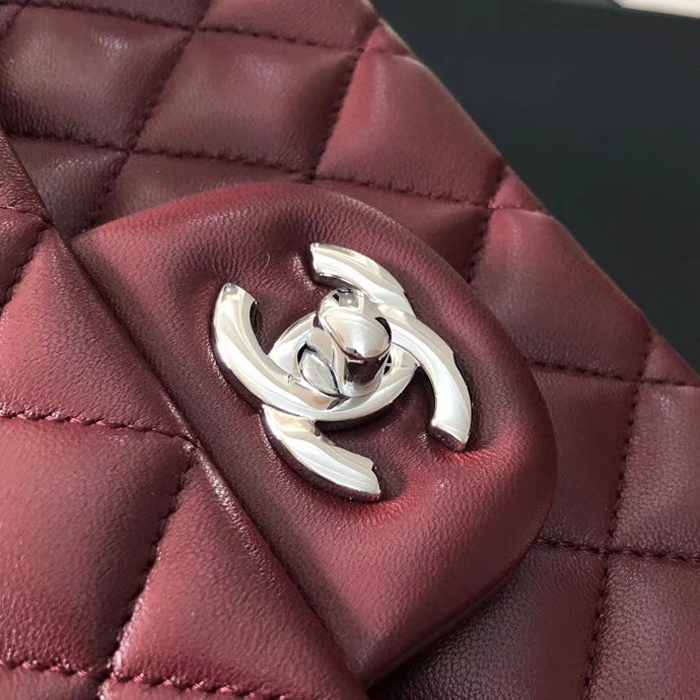 Chanel Lambskin Medium Classic Flap Bag A01112 Silver-Tone Metal Burgundy