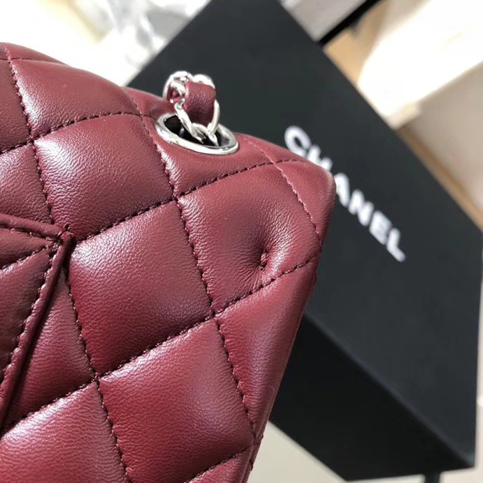 Chanel Lambskin Medium Classic Flap Bag A01112 Silver-Tone Metal Burgundy