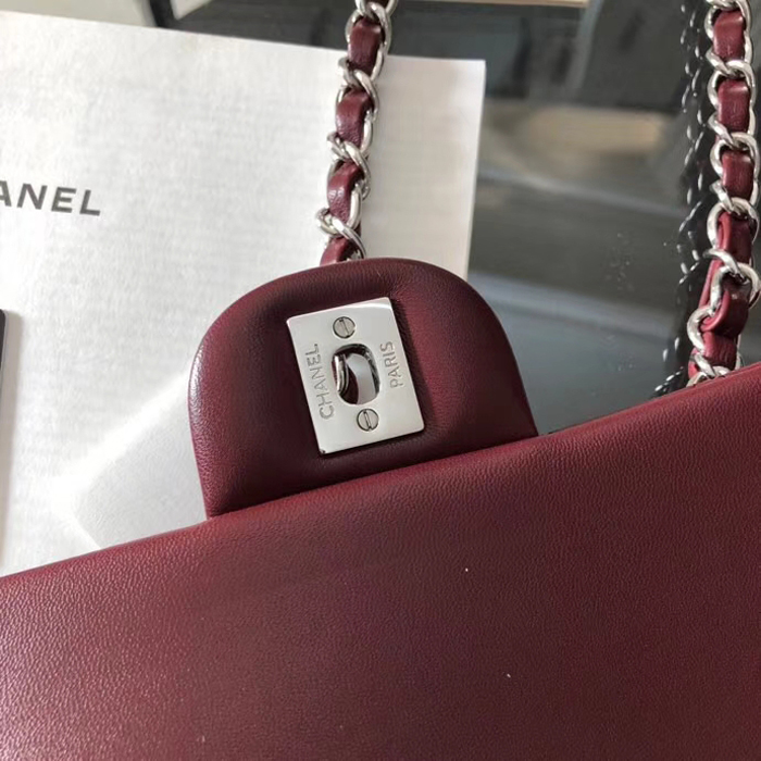 Chanel Lambskin Medium Classic Flap Bag A01112 Silver-Tone Metal Burgundy