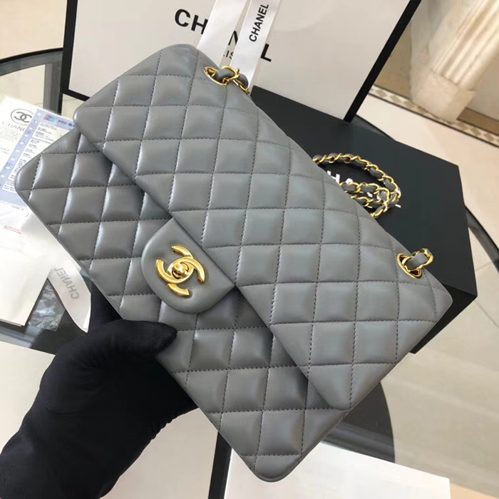 Chanel Lambskin Medium Classic Flap Bag A01112 Gold-Tone Metal Grey