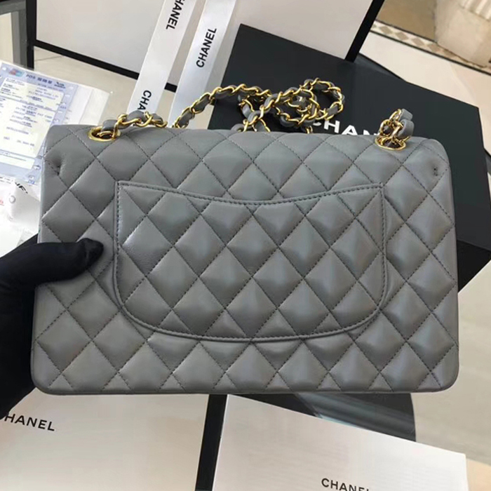 Chanel Lambskin Medium Classic Flap Bag A01112 Gold-Tone Metal Grey