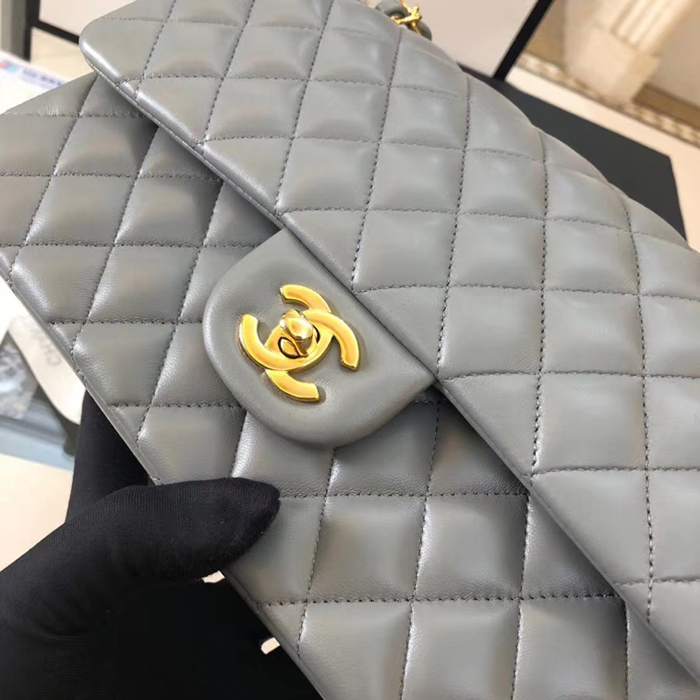 Chanel Lambskin Medium Classic Flap Bag A01112 Gold-Tone Metal Grey