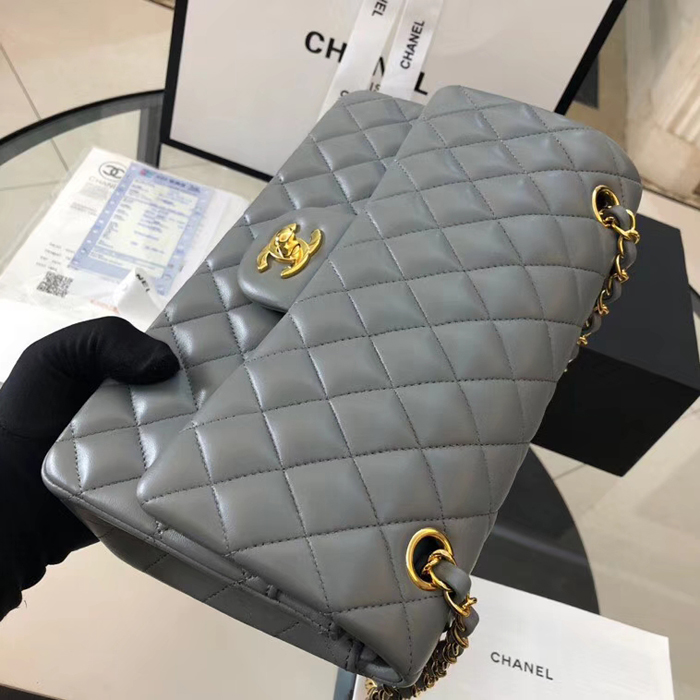 Chanel Lambskin Medium Classic Flap Bag A01112 Gold-Tone Metal Grey