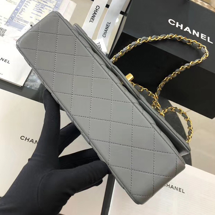 Chanel Lambskin Medium Classic Flap Bag A01112 Gold-Tone Metal Grey