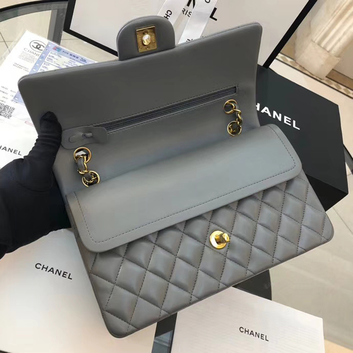 Chanel Lambskin Medium Classic Flap Bag A01112 Gold-Tone Metal Grey