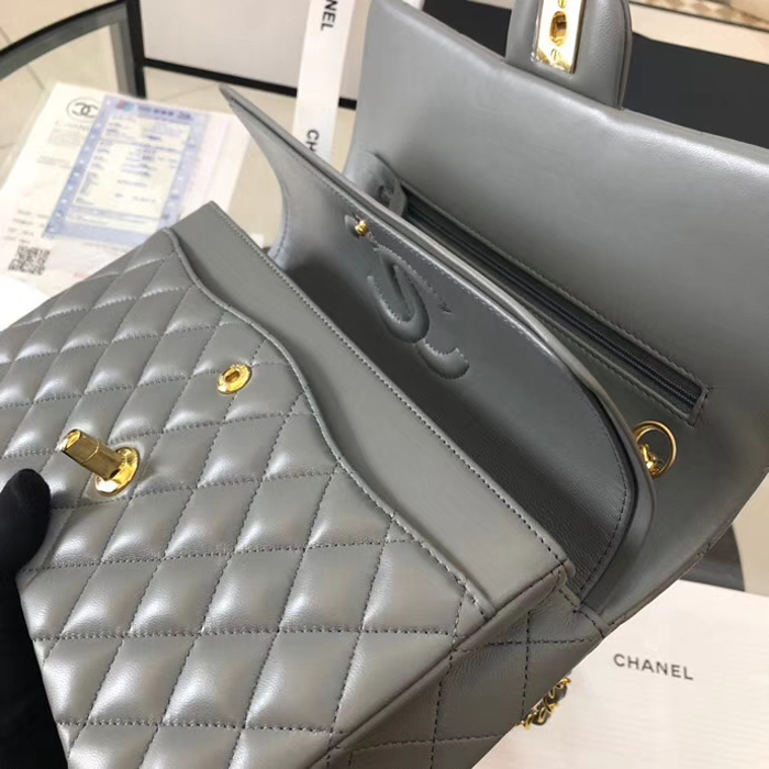 Chanel Lambskin Medium Classic Flap Bag A01112 Gold-Tone Metal Grey